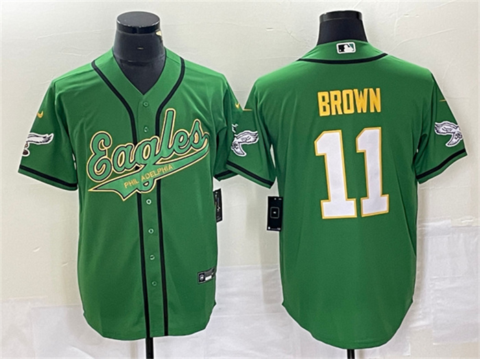 Men's Philadelphia Eagles #11 A. J. Brown Green Gold Cool Base Stitched Baseball Jersey Men's Philadelphia Eagles #11 A. J. Brown Green Gold Cool Base Stitched Baseball Jersey