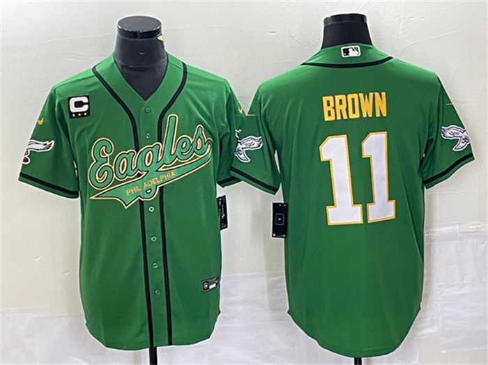 Men's Philadelphia Eagles #11 A. J. Brown Green Gold With C Patch Cool Base Stitched Baseball Jersey Men's Philadelphia Eagles #11 A. J. Brown Green Gold With C Patch Cool Base Stitched Baseball Jersey