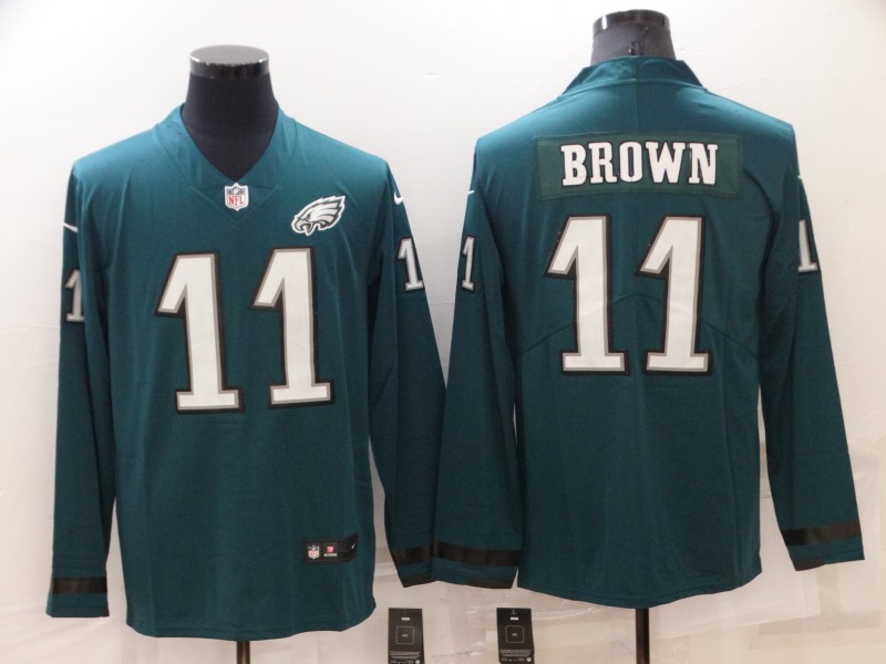 Men's Philadelphia Eagles #11 A. J. Brown Green Therma Long Sleeve Stitched Jersey Men's Philadelphia Eagles #11 A. J. Brown Green Therma Long Sleeve Stitched Jersey