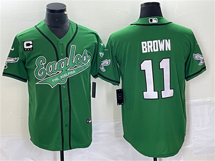 Men's Philadelphia Eagles #11 A. J. Brown Green With C Patch Cool Base Stitched Baseball Jersey Men's Philadelphia Eagles #11 A. J. Brown Green With C Patch Cool Base Stitched Baseball Jersey