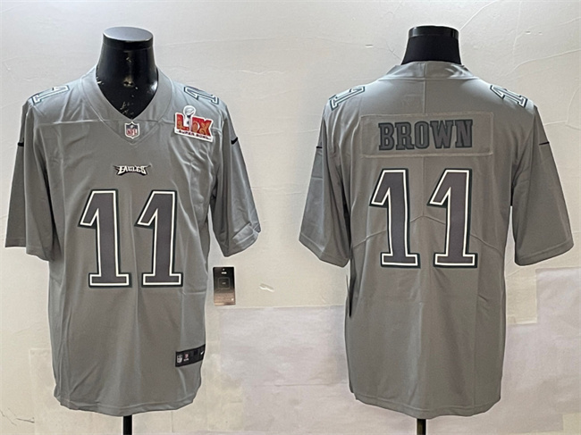 Men's Philadelphia Eagles #11 A. J. Brown Grey 2025 Super Bowl LIX Patch Atmosphere Fashion Vapor Untouchable Limited Stitched Football Jersey Men's Philadelphia Eagles #11 A. J. Brown Grey 2025 Super Bowl LIX Patch Atmosphere Fashion Vapor Untouchable Limited Stitched Football Jersey