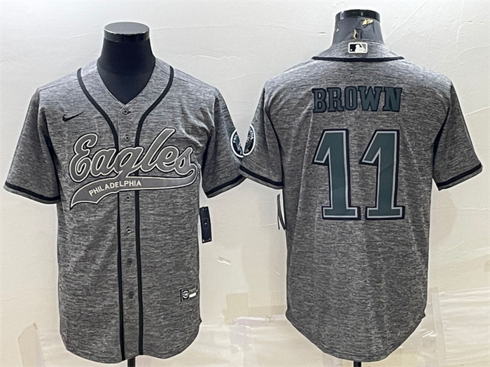 Men's Philadelphia Eagles #11 A. J. Brown Grey With Patch Cool Base Stitched Baseball Jersey Men's Philadelphia Eagles #11 A. J. Brown Grey With Patch Cool Base Stitched Baseball Jersey