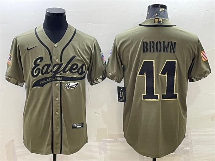 Men's Philadelphia Eagles #11 A. J. Brown Olive 2022 Salute To Service Cool Base Stitched Baseball Jersey Men's Philadelphia Eagles #11 A. J. Brown Olive 2022 Salute To Service Cool Base Stitched Baseball Jersey