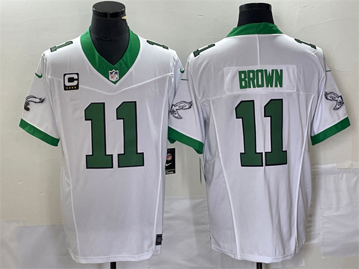Men's Philadelphia Eagles #11 A. J. Brown White 2023 F.U.S.E. With C Patch Vapor Untouchable Stitched Football Jersey Men's Philadelphia Eagles #11 A. J. Brown White 2023 F.U.S.E. With C Patch Vapor Untouchable Stitched Football Jersey