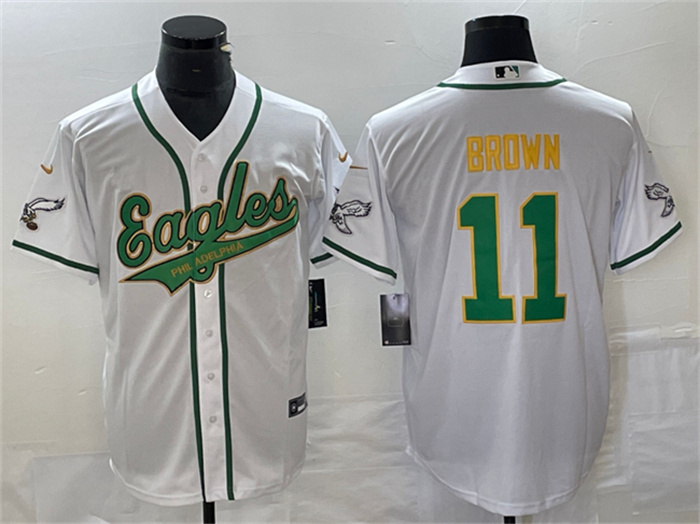 Men's Philadelphia Eagles #11 A. J. Brown White Gold Cool Base Stitched Baseball Jersey Men's Philadelphia Eagles #11 A. J. Brown White Gold Cool Base Stitched Baseball Jersey