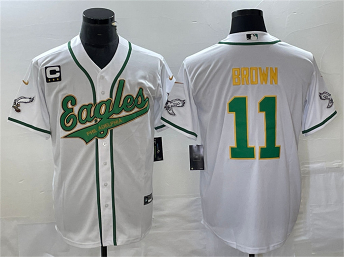 Men's Philadelphia Eagles #11 A. J. Brown White Gold With C Patch Cool Base Stitched Baseball Jersey Men's Philadelphia Eagles #11 A. J. Brown White Gold With C Patch Cool Base Stitched Baseball Jersey