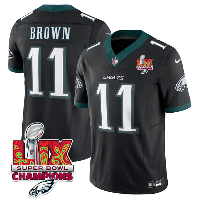 Men's Philadelphia Eagles #11 A.J. Brown Black 2025 Eagles Logo Super Bowl LIX Patch New F.U.S.E. Vapor Untouchable Limited Stitched Football Jersey Men's Philadelphia Eagles #11 A.J. Brown Black 2025 Eagles Logo Super Bowl LIX Patch New F.U.S.E. Vapor Untouchable Limited Stitched Football Jersey