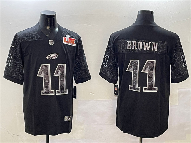 Men's Philadelphia Eagles #11 A.J. Brown Black 2025 Super Bowl LIX Patch Reflective Vapor Untouchable Limited Stitched Football Jersey