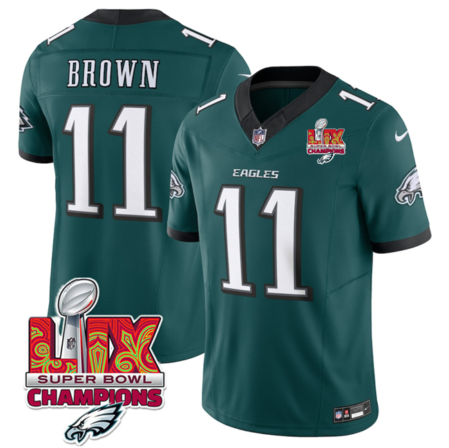 Men's Philadelphia Eagles #11 A.J. Brown Green 2025 Eagles Logo Super Bowl LIX Patch New F.U.S.E. Vapor Untouchable Limited Stitched Football Jersey Men's Philadelphia Eagles #11 A.J. Brown Green 2025 Eagles Logo Super Bowl LIX Patch New F.U.S.E. Vapor Untouchable Limited Stitched Football Jersey