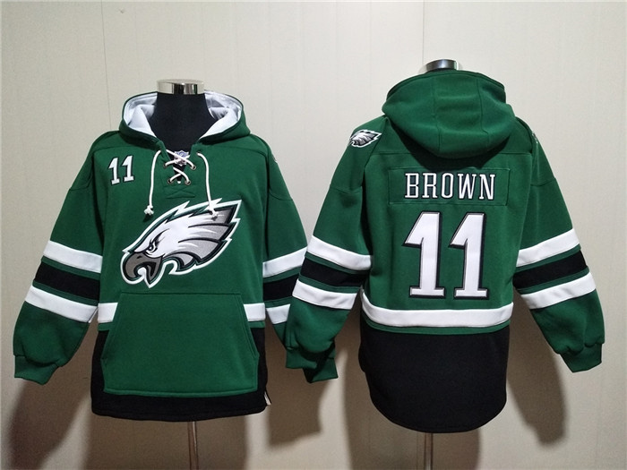 Men's Philadelphia Eagles #11 A.J. Brown Green Ageless Must-Have Lace-Up Pullover Hoodie Men's Philadelphia Eagles #11 A.J. Brown Green Ageless Must-Have Lace-Up Pullover Hoodie