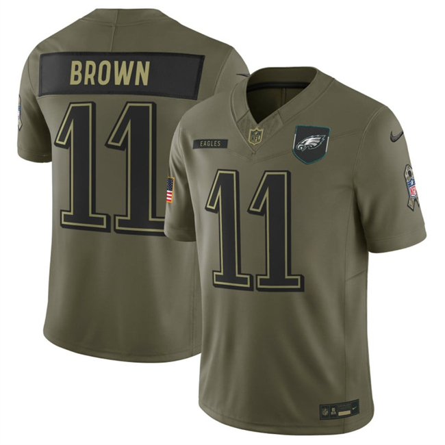 Men's Philadelphia Eagles #11 A.J. Brown Olive 2025 F.U.S.E. Salute to Service Limited Stitched Football Jersey Men's Philadelphia Eagles #11 A.J. Brown Olive 2025 F.U.S.E. Salute to Service Limited Stitched Football Jersey