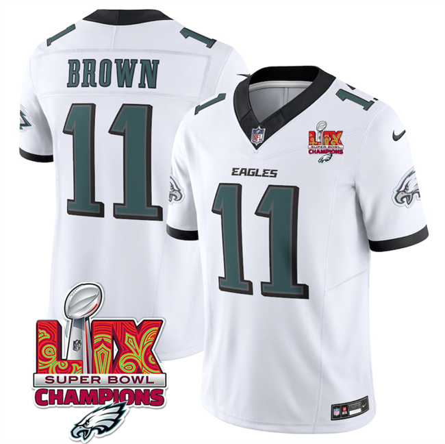 Men's Philadelphia Eagles #11 A.J. Brown White 2025 Eagles Logo Super Bowl LIX Patch New F.U.S.E. Vapor Untouchable Limited Stitched Football Jersey Men's Philadelphia Eagles #11 A.J. Brown White 2025 Eagles Logo Super Bowl LIX Patch New F.U.S.E. Vapor Untouchable Limited Stitched Football Jersey