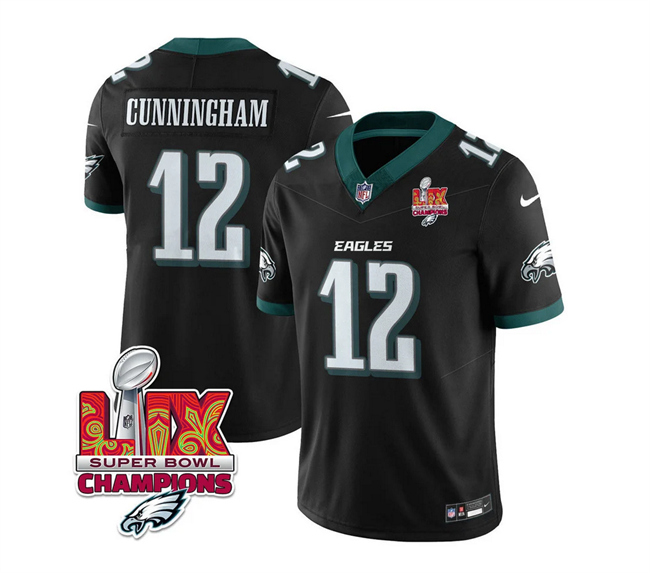 Men's Philadelphia Eagles #12 Randall Cunningham Black 2025 Eagles Logo Super Bowl LIX Patch New F.U.S.E. Vapor Limited Stitched Football Jersey Men's Philadelphia Eagles #12 Randall Cunningham Black 2025 Eagles Logo Super Bowl LIX Patch New F.U.S.E. Vapor Limited Stitched Football Jersey