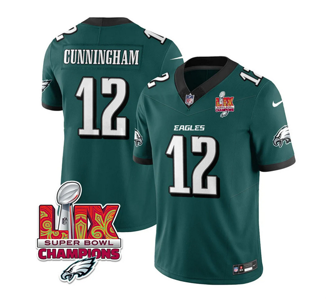 Men's Philadelphia Eagles #12 Randall Cunningham Green 2025 Eagles Logo Super Bowl LIX Patch New F.U.S.E. Vapor Limited Stitched Football Jersey Men's Philadelphia Eagles #12 Randall Cunningham Green 2025 Eagles Logo Super Bowl LIX Patch New F.U.S.E. Vapor Limited Stitched Football Jersey