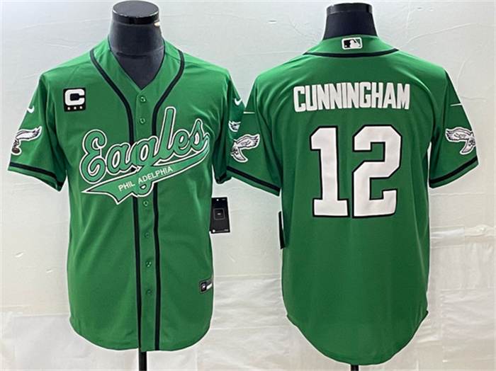 Men's Philadelphia Eagles #12 Randall Cunningham Green With C Patch Cool Base Stitched Baseball Jersey Men's Philadelphia Eagles #12 Randall Cunningham Green With C Patch Cool Base Stitched Baseball Jersey