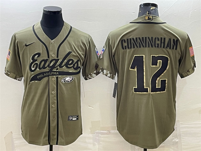 Men's Philadelphia Eagles #12 Randall Cunningham Olive 2022 Salute To Service Cool Base Stitched Baseball Jersey Men's Philadelphia Eagles #12 Randall Cunningham Olive 2022 Salute To Service Cool Base Stitched Baseball Jersey