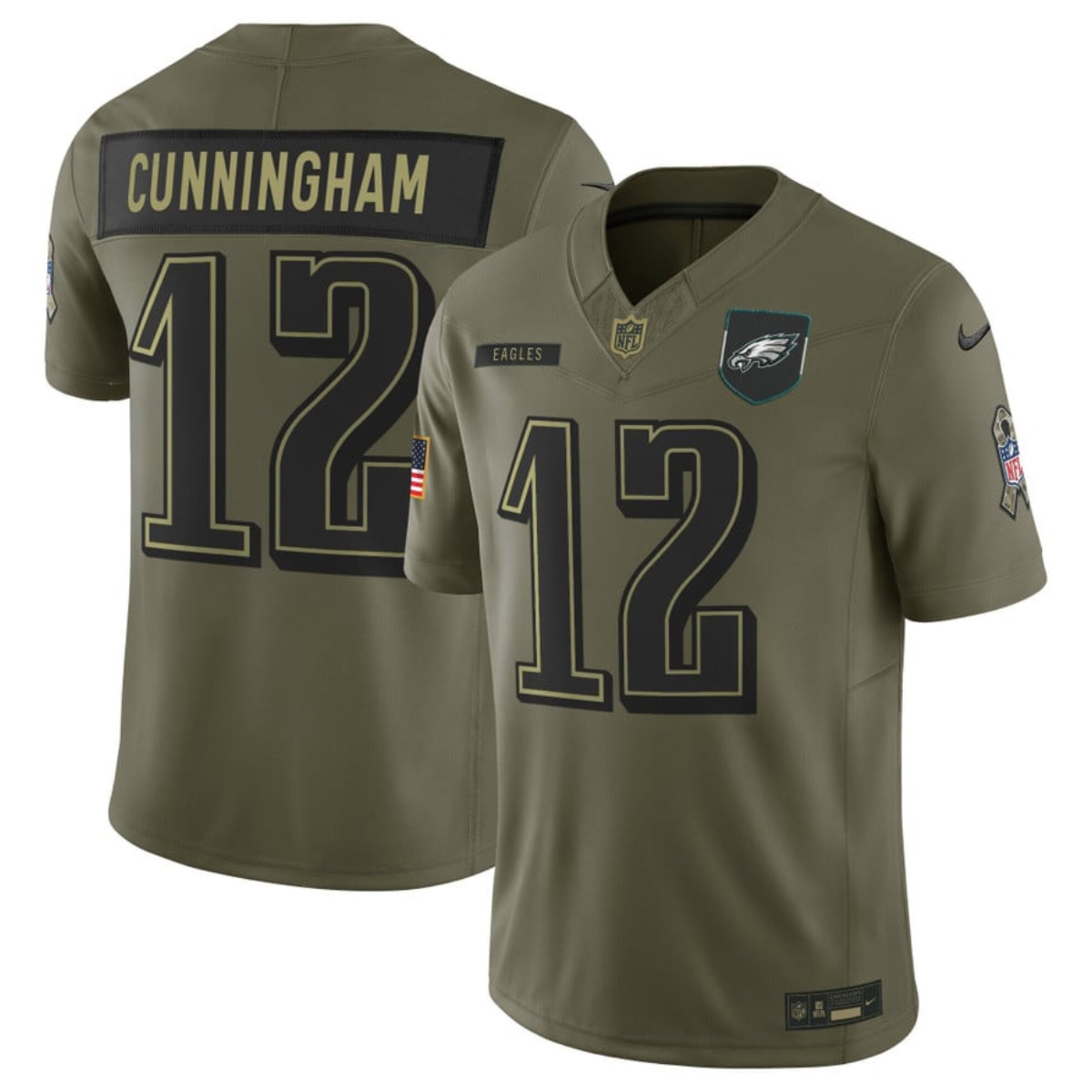 Men's Philadelphia Eagles #12 Randall Cunningham Olive 2025 F.U.S.E. Salute to Service Limited Stitched Football Jersey Men's Philadelphia Eagles #12 Randall Cunningham Olive 2025 F.U.S.E. Salute to Service Limited Stitched Football Jersey