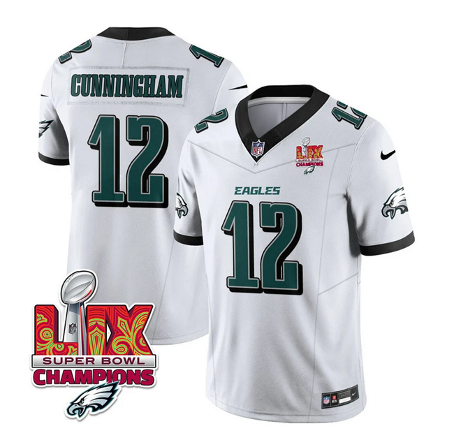 Men's Philadelphia Eagles #12 Randall Cunningham White 2025 Eagles Logo Super Bowl LIX Patch New F.U.S.E. Vapor Limited Stitched Football Jersey Men's Philadelphia Eagles #12 Randall Cunningham White 2025 Eagles Logo Super Bowl LIX Patch New F.U.S.E. Vapor Limited Stitched Football Jersey