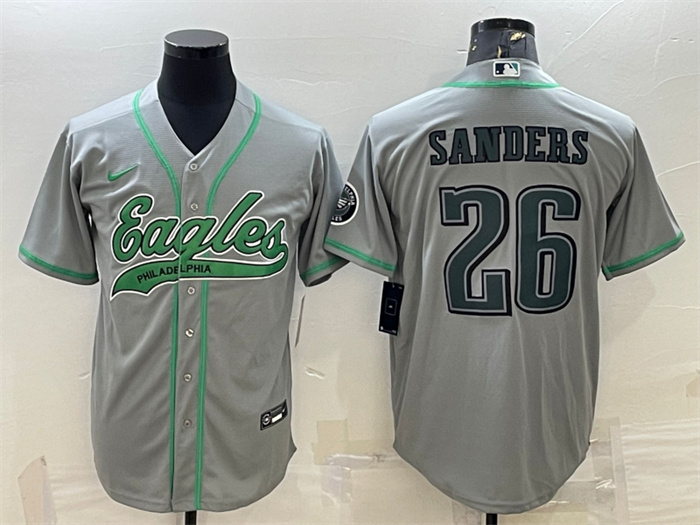 Men's Philadelphia Eagles #26 Miles Sanders Gray With Patch Cool Base Stitched Baseball JerseyS Men's Philadelphia Eagles #26 Miles Sanders Gray With Patch Cool Base Stitched Baseball JerseyS