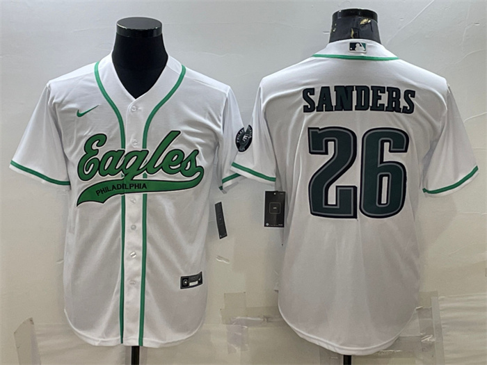 Men's Philadelphia Eagles #26 Miles Sanders White With Patch Cool Base Stitched Baseball Jersey Men's Philadelphia Eagles #26 Miles Sanders White With Patch Cool Base Stitched Baseball Jersey