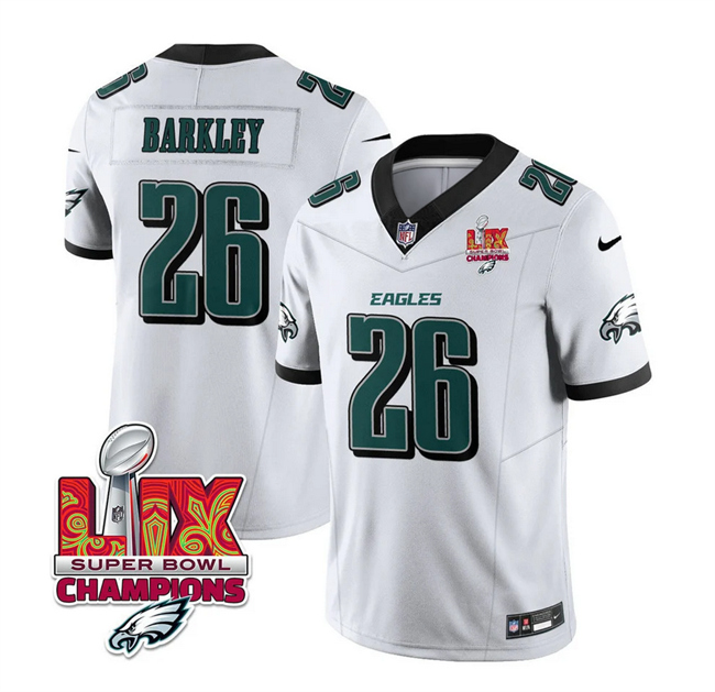 Men's Philadelphia Eagles #26 Saquon Barkley White 2025 Eagles Logo Super Bowl LIX Patch New F.U.S.E. Vapor Untouchable Limited Stitched Football Jersey Men's Philadelphia Eagles #26 Saquon Barkley White 2025 Eagles Logo Super Bowl LIX Patch New F.U.S.E. Vapor Untouchable Limited Stitched Football Jersey