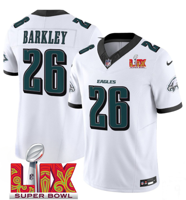 Men's Philadelphia Eagles #26 Saquon Barkley White 2025 Super Bowl LIX Patch New F.U.S.E. Vapor Untouchable Limited Stitched Football Jersey Men's Philadelphia Eagles #26 Saquon Barkley White 2025 Super Bowl LIX Patch New F.U.S.E. Vapor Untouchable Limited Stitched Football Jersey