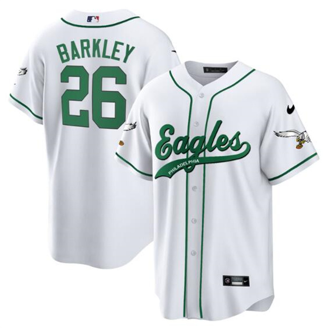 Men's Philadelphia Eagles #26 Saquon Barkley White Cool Base Stitched Baseball Jersey Men's Philadelphia Eagles #26 Saquon Barkley White Cool Base Stitched Baseball Jersey