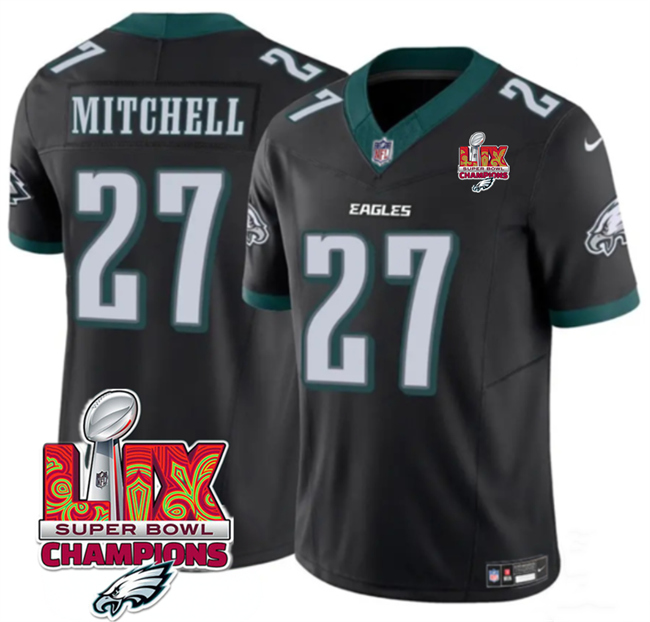 Men's Philadelphia Eagles #27 Quinyon Mitchell Black 2025 Eagles Logo Super Bowl LIX Patch New F.U.S.E. Vapor Untouchable Limited Stitched Football Jersey Men's Philadelphia Eagles #27 Quinyon Mitchell Black 2025 Eagles Logo Super Bowl LIX Patch New F.U.S.E. Vapor Untouchable Limited Stitched Football Jersey