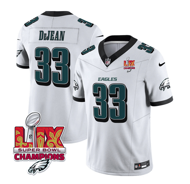 Men's Philadelphia Eagles #33 Cooper DeJean White 2025 Eagles Logo Super Bowl LIX Patch New F.U.S.E. Vapor Untouchable Limited Stitched Football Jersey Men's Philadelphia Eagles #33 Cooper DeJean White 2025 Eagles Logo Super Bowl LIX Patch New F.U.S.E. Vapor Untouchable Limited Stitched Football Jersey
