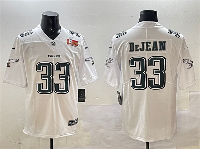 Men's Philadelphia Eagles #33 Cooper DeJean White 2025 Super Bowl LIX Patch Fashion New Vapor Untouchable Limited Stitched Football Jersey Men's Philadelphia Eagles #33 Cooper DeJean White 2025 Super Bowl LIX Patch Fashion New Vapor Untouchable Limited Stitched Football Jersey