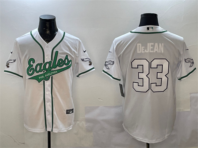 Men's Philadelphia Eagles #33 Cooper DeJean White Cool Base Stitched Baseball Jersey Men's Philadelphia Eagles #33 Cooper DeJean White Cool Base Stitched Baseball Jersey