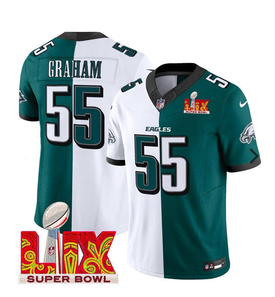 Men's Philadelphia Eagles #55 Brandon Graham White Green Split 2025 Super Bowl LIX Patch F.U.S.E. Vapor Untouchable Limited Stitched Football Jersey Men's Philadelphia Eagles #55 Brandon Graham White Green Split 2025 Super Bowl LIX Patch F.U.S.E. Vapor Untouchable Limited Stitched Football Jersey