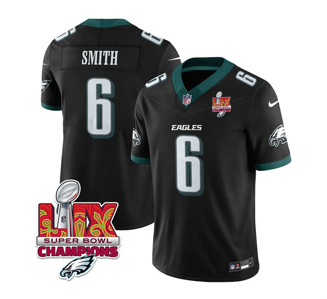 Men's Philadelphia Eagles #6 DeVonta Smith Black 2025 Eagles Logo Super Bowl LIX Patch New F.U.S.E. Vapor Limited Stitched Football Jersey Men's Philadelphia Eagles #6 DeVonta Smith Black 2025 Eagles Logo Super Bowl LIX Patch New F.U.S.E. Vapor Limited Stitched Football Jersey
