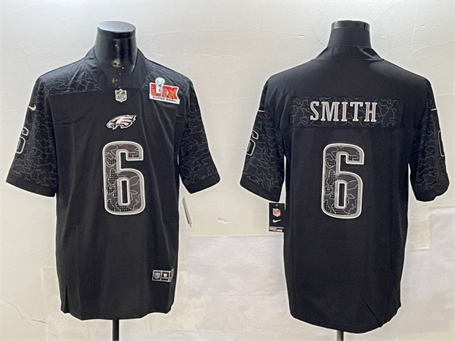 Men's Philadelphia Eagles #6 DeVonta Smith Black 2025 Super Bowl LIX Patch Reflective Vapor Untouchable Limited Stitched Football Jersey