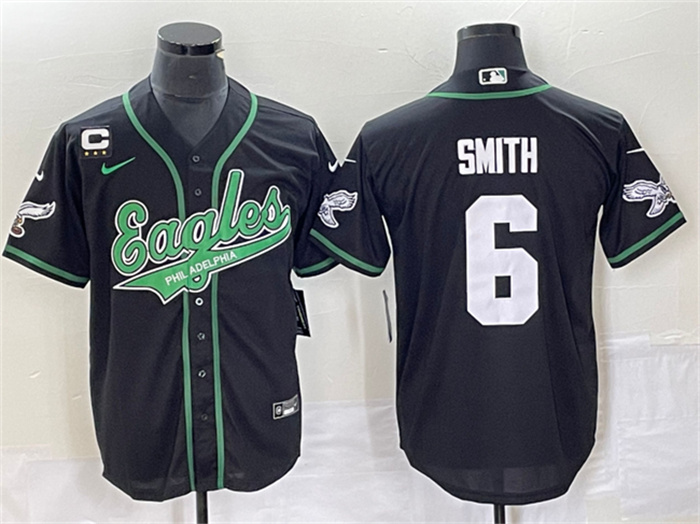 Men's Philadelphia Eagles #6 DeVonta Smith Black With C Patch Cool Base Stitched Baseball Jersey Men's Philadelphia Eagles #6 DeVonta Smith Black With C Patch Cool Base Stitched Baseball Jersey