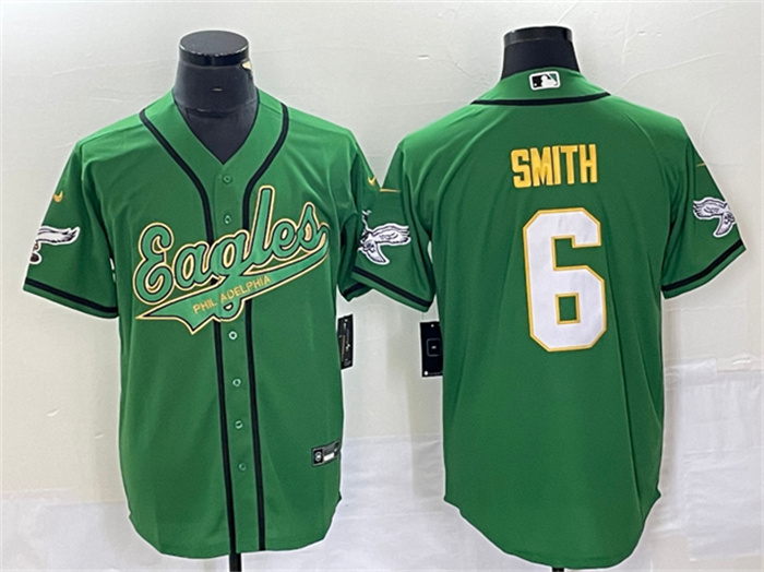 Men's Philadelphia Eagles #6 DeVonta Smith Green Gold Cool Base Stitched Baseball Jersey Men's Philadelphia Eagles #6 DeVonta Smith Green Gold Cool Base Stitched Baseball Jersey