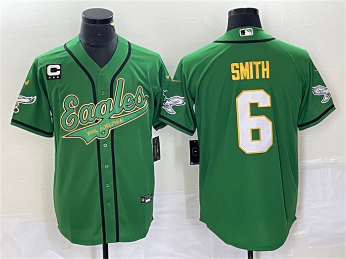 Men's Philadelphia Eagles #6 DeVonta Smith Green Gold With C Patch Cool Base Stitched Baseball Jersey Men's Philadelphia Eagles #6 DeVonta Smith Green Gold With C Patch Cool Base Stitched Baseball Jersey