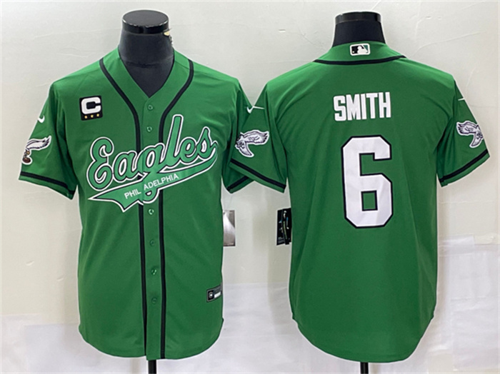 Men's Philadelphia Eagles #6 DeVonta Smith Green With C Patch Cool Base Stitched Baseball Jersey Men's Philadelphia Eagles #6 DeVonta Smith Green With C Patch Cool Base Stitched Baseball Jersey