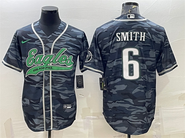 Men's Philadelphia Eagles #6 DeVonta Smith Grey Camo With Patch Cool Base Stitched Baseball Jersey Men's Philadelphia Eagles #6 DeVonta Smith Grey Camo With Patch Cool Base Stitched Baseball Jersey