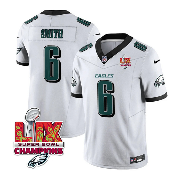 Men's Philadelphia Eagles #6 DeVonta Smith White 2025 Eagles Logo Super Bowl LIX Patch New F.U.S.E. Vapor Untouchable Limited Stitched Football Jersey Men's Philadelphia Eagles #6 DeVonta Smith White 2025 Eagles Logo Super Bowl LIX Patch New F.U.S.E. Vapor Untouchable Limited Stitched Football Jersey