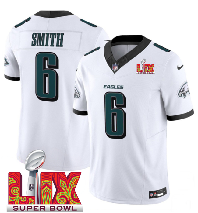 Men's Philadelphia Eagles #6 DeVonta Smith White 2025 Super Bowl LIX Patch New F.U.S.E. Vapor Untouchable Limited Stitched Football Jersey Men's Philadelphia Eagles #6 DeVonta Smith White 2025 Super Bowl LIX Patch New F.U.S.E. Vapor Untouchable Limited Stitched Football Jersey