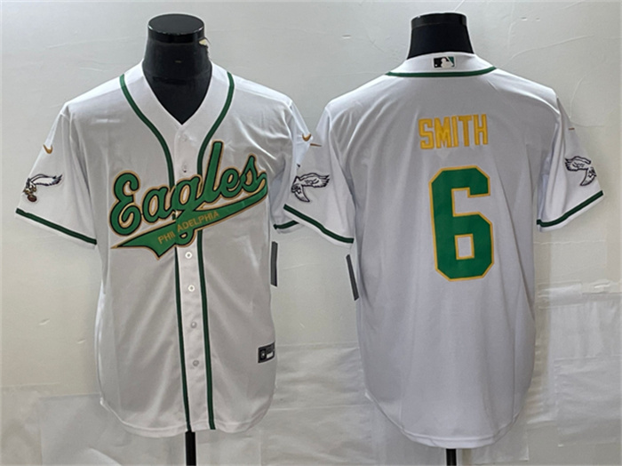 Men's Philadelphia Eagles #6 DeVonta Smith White Gold Cool Base Stitched Baseball Jersey Men's Philadelphia Eagles #6 DeVonta Smith White Gold Cool Base Stitched Baseball Jersey
