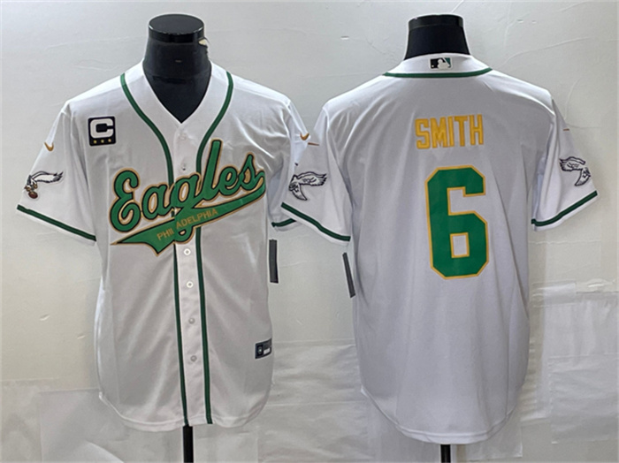 Men's Philadelphia Eagles #6 DeVonta Smith White Gold With C Patch Cool Base Stitched Baseball Jersey Men's Philadelphia Eagles #6 DeVonta Smith White Gold With C Patch Cool Base Stitched Baseball Jersey