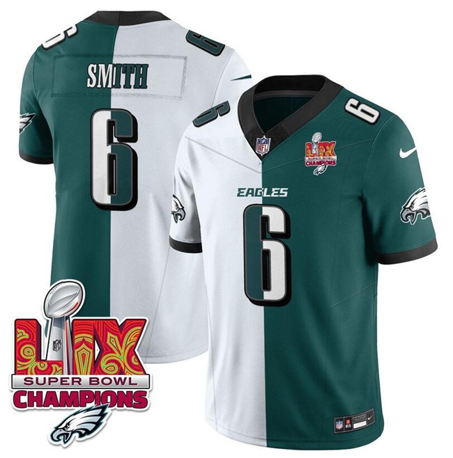 Men's Philadelphia Eagles #6 DeVonta Smith White Green Split 2025 Super Bowl LIX Champions Patch F.U.S.E. Vapor Untouchable Limited Stitched Football Jersey Men's Philadelphia Eagles #6 DeVonta Smith White Green Split 2025 Super Bowl LIX Champions Patch F.U.S.E. Vapor Untouchable Limited Stitched Football Jersey