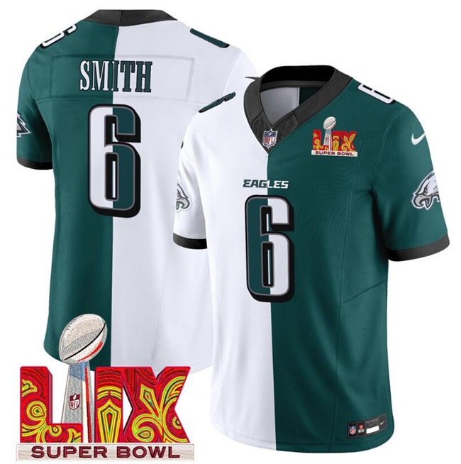 Men's Philadelphia Eagles #6 DeVonta Smith White Green Split 2025 Super Bowl LIX Patch F.U.S.E. Vapor Untouchable Limited Stitched Football Jersey Men's Philadelphia Eagles #6 DeVonta Smith White Green Split 2025 Super Bowl LIX Patch F.U.S.E. Vapor Untouchable Limited Stitched Football Jersey