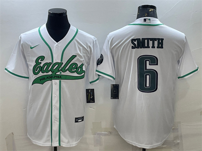 Men's Philadelphia Eagles #6 DeVonta Smith White With Patch Cool Base Stitched Baseball Jersey Men's Philadelphia Eagles #6 DeVonta Smith White With Patch Cool Base Stitched Baseball Jersey