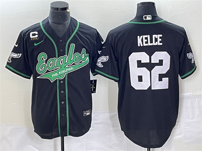 Men's Philadelphia Eagles #62 Jason Kelce Black With C Patch Cool Base Stitched Baseball Jersey Men's Philadelphia Eagles #62 Jason Kelce Black With C Patch Cool Base Stitched Baseball Jersey