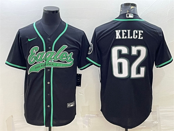 Men's Philadelphia Eagles #62 Jason Kelce Black With Patch Cool Base Stitched Baseball Jersey Men's Philadelphia Eagles #62 Jason Kelce Black With Patch Cool Base Stitched Baseball Jersey
