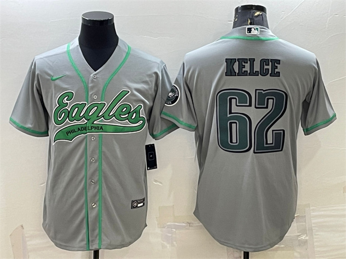 Men's Philadelphia Eagles #62 Jason Kelce Gray With Patch Cool Base Stitched Baseball JerseyS Men's Philadelphia Eagles #62 Jason Kelce Gray With Patch Cool Base Stitched Baseball JerseyS