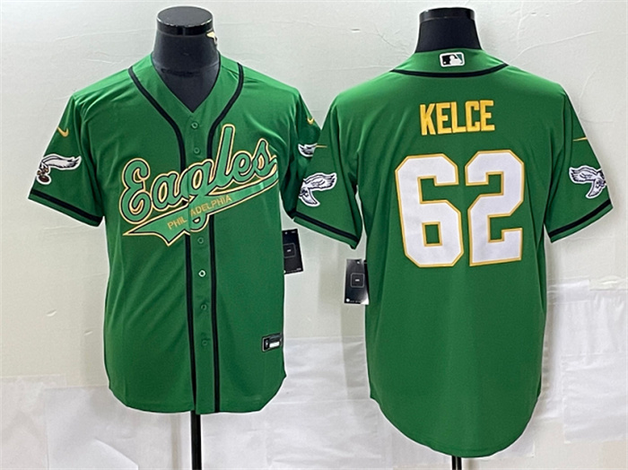 Men's Philadelphia Eagles #62 Jason Kelce Green Gold Cool Base Stitched Baseball Jersey Men's Philadelphia Eagles #62 Jason Kelce Green Gold Cool Base Stitched Baseball Jersey